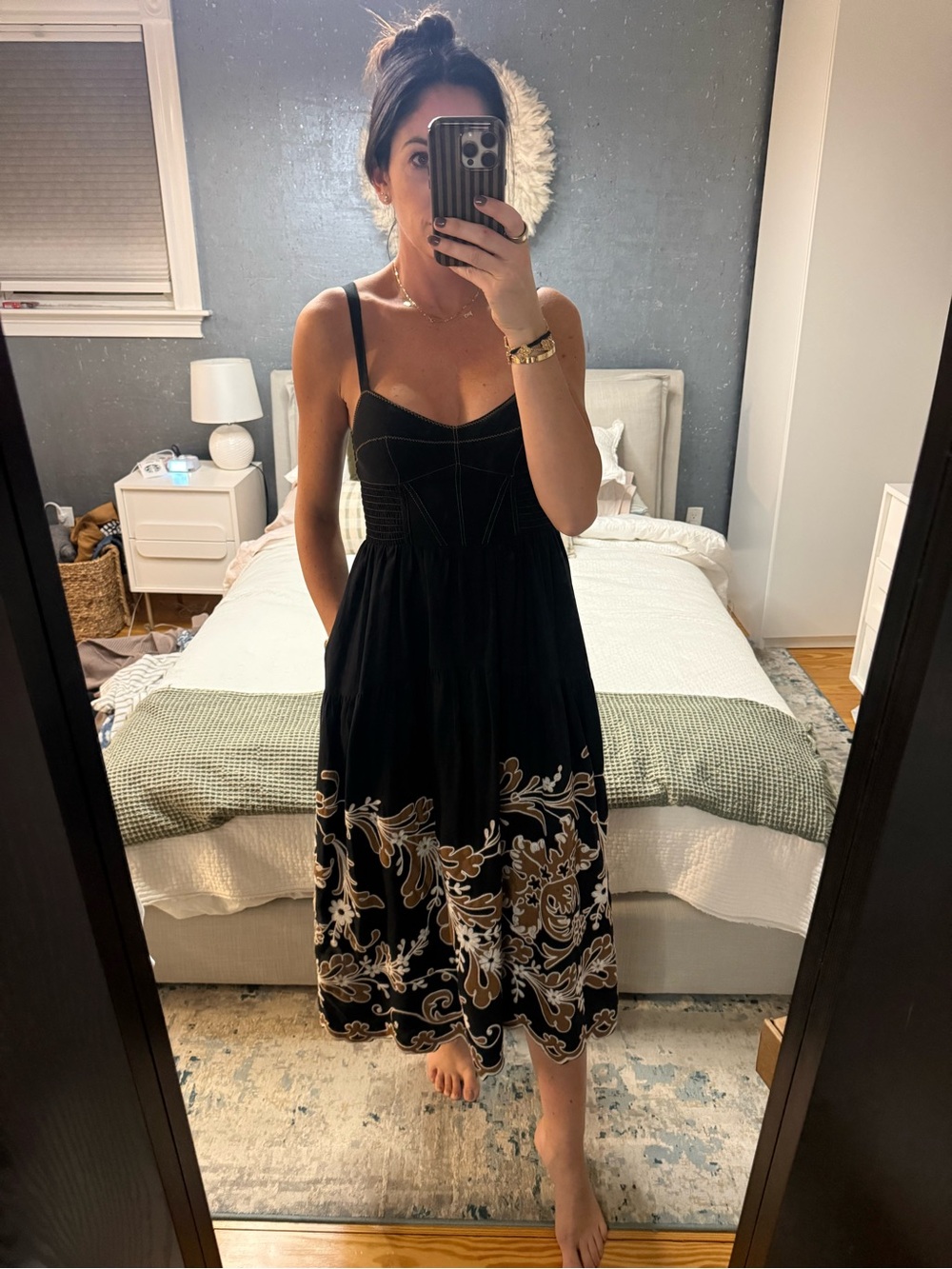 Anthropologie Black Midi Dress with Gold-Cream Floral Border